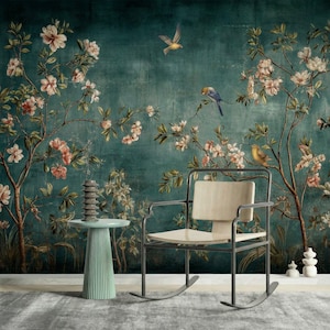 Vintage Floral Bird Peel and Stick Wallpaper: Moody Chinoiserie Wallpaper Mural