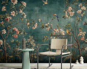 Papel de Parede Autoadesivo Vintage Floral com Pássaros: Mural de Papel de Parede Chinoiserie Melancólico