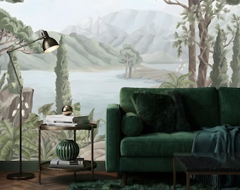 Tranquil Lake Landscape Peel and Stick Wallpaper: Nature Scenic Mural