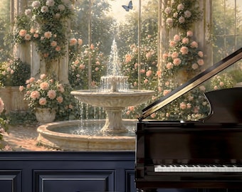 Romantic Garden Fountain Wallpaper: Elegant Floral Conservatory Wall Mural, Peel and Stick