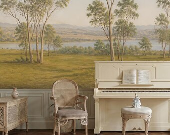 Scenic Lake Trees Wallpaper: Vintage Nature Wall Mural, Peel and Stick
