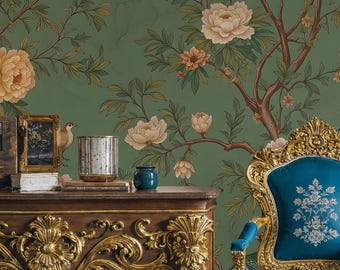 Carta da parati murale Chinoiserie con fiori e uccelli: motivo botanico vintage - autoadesiva, testurizzata, decorazione murale rimovibile