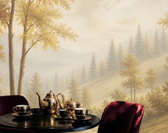 Golden Forest Landscape Wall Mural: Peel and Stick Wallpaper