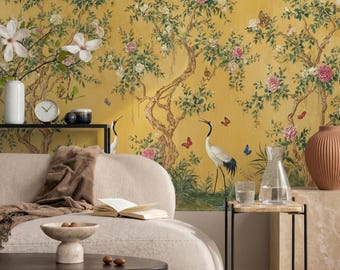 Yellow Chinoiserie Wallpaper: Vintage Bird and Floral Wall Mural, Peel and Stick