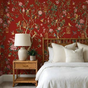 Röd Chinoiserie Fågel Skalbar Tapet: Vintage Blommig Elegant Sovrumsmålning
