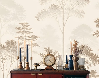 Misty Forest Trees Wallpaper Mural: Peel and Stick, Neutral Decor