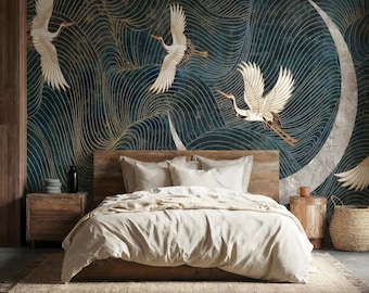 Japanese Crane Moon Wallpaper Mural: Dark Blue Art Deco, Peel and Stick