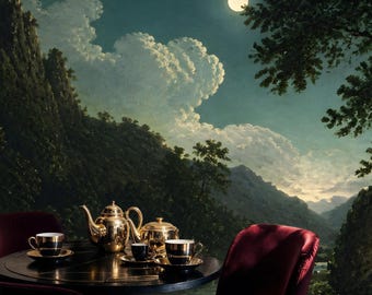 Moonlit Mountain Landscape Wall Mural: Peel and Stick Wallpaper