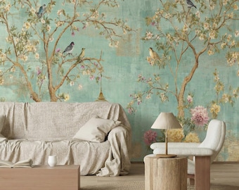Vintage Chinoiserie Bird Wallpaper: Mint Floral Botanical Wall Mural, Peel and Stick