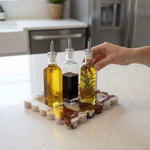 May include: Three glass bottles with silver spouts on a decorative marble tray. The bottles contain oil, vinegar, and oil with herbs. The tray has a white and red pattern. The bottles are on a white countertop.