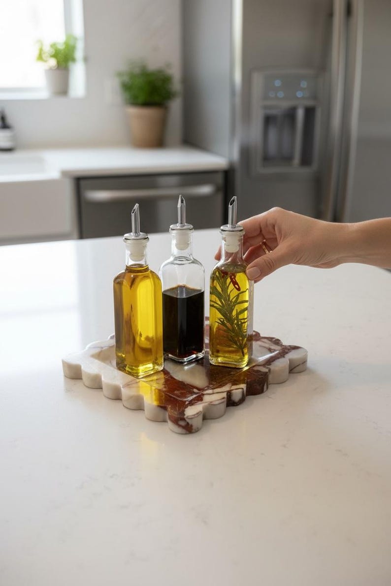 May include: Three glass bottles with silver spouts on a decorative marble tray. The bottles contain oil, vinegar, and oil with herbs. The tray has a white and red pattern. The bottles are on a white countertop.