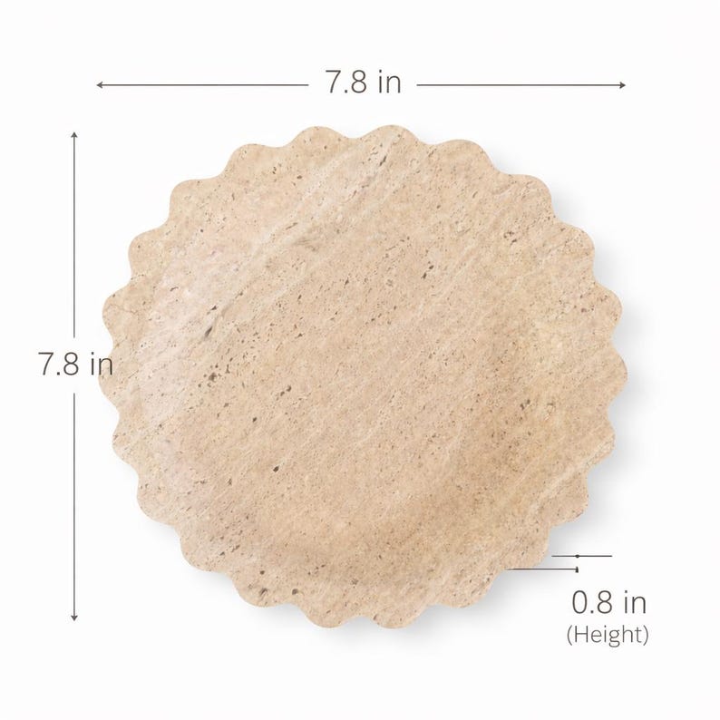 May include: A beige, round plate with a scalloped edge. The plate is 19.8 cm in diameter and 2 cm high. The plate has a textured surface and is made of stone.