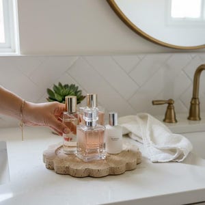 May include: Several perfume bottles displayed on a decorative, beige, scalloped tray. The bottles contain clear and pink liquids. A hand with a gold bracelet is reaching towards the bottles. The background features a white countertop and a gold-framed mirror.