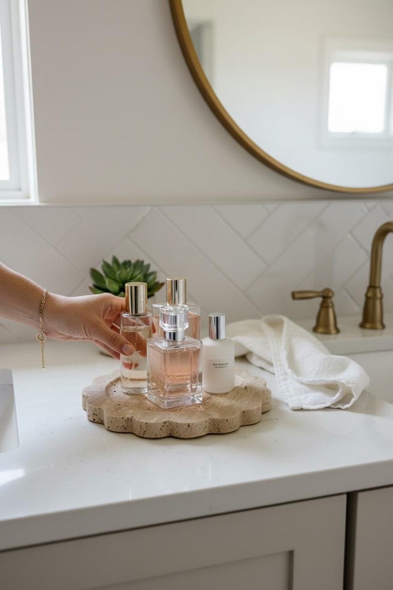 May include: Several perfume bottles displayed on a decorative, beige, scalloped tray. The bottles contain clear and pink liquids. A hand with a gold bracelet is reaching towards the bottles. The background features a white countertop and a gold-framed mirror.