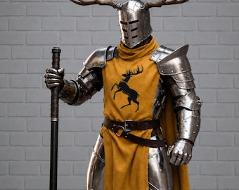Antler Knight Armor – Medieval Stag Helmet with Steel Arm and Leg Guards Fantasy Cosplay