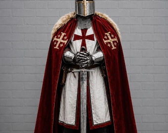 Medieval Knight Full Plate Armor | Crusader Cosplay Costume, Polished Steel Look, Red Cross Cloak