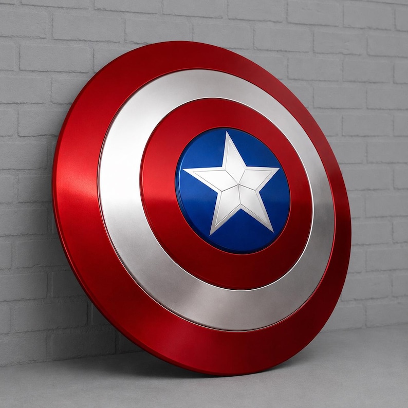 May include: A red, silver, and blue Captain America shield. The shield has a red outer ring, a silver middle ring, and a blue center with a white star. The shield is leaning against a gray brick wall.