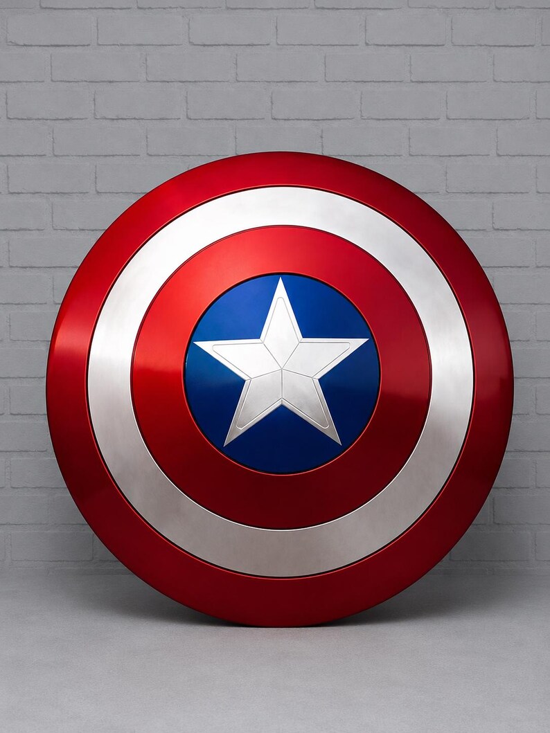 May include: A round shield with a red, white, and blue color scheme. The shield features a red outer ring, a silver middle ring, and a blue center with a white star. The shield is a replica of a superhero's iconic accessory.