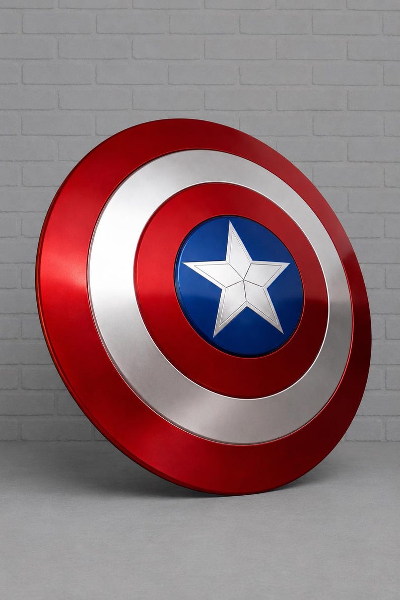 May include: A red, white, and blue shield with a star emblem. The shield has a metallic finish and a circular design. The outer ring is red, followed by a silver ring, a blue center, and a white star.