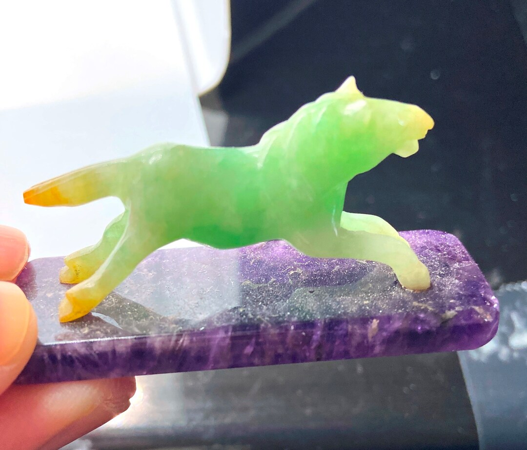 Vintage Jadeite Jade Horse Carving on Amethyst 105 Carats Myanmar
