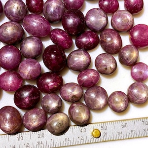 May include: A collection of 30 oval-shaped, pink star ruby cabochons. The stones have a silvery sheen and are arranged on a white surface with a ruler for scale.