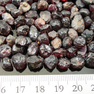 May include: A collection of rough, dark red garnet stones. The gemstones have a natural, unpolished appearance with irregular shapes and varying sizes. The stones are arranged closely together, filling the frame. A ruler with inch markings is visible at the bottom.
