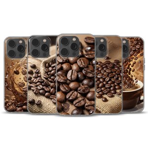 May include: A collection of phone cases featuring coffee-themed designs. The cases display images of coffee beans, burlap sacks filled with beans, and coffee being poured into a cup. The color palette is dominated by browns and tans.