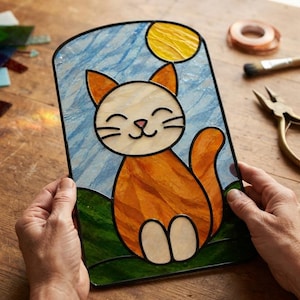 Peut inclure: Un panneau en vitrail rectangulaire représentant un chat orange assis sur une colline verte sous un ciel bleu clair avec un soleil jaune. Le chat a un visage crème, des oreilles pointues et une longue queue, le tout souligné par du plomb noir.