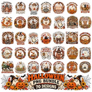 May include: A digital collection of 70 Halloween-themed graphic designs featuring ghosts, pumpkins, skeletons, and autumn foliage. Each circular illustration includes seasonal text like Witching Hour, Spooky Season, and Trick or Treat Club.