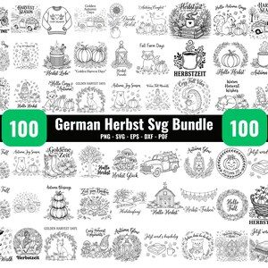 Op de afbeelding: Een verzameling van 100 zwart-wit digitale illustraties met herfstthema's, waaronder pompoenen, bosdieren, vrachtwagens, warme dranken en seizoensgebonden bladeren. De tekst "100 German Herbst Svg Bundle" is duidelijk zichtbaar.