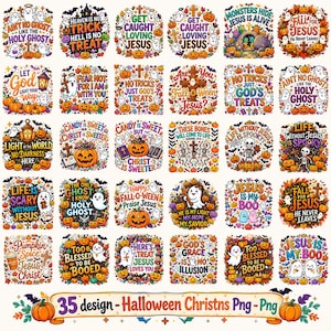 May include: A collection of 35 digital graphic designs featuring Christian-themed Halloween imagery, including pumpkins, ghosts, crosses, and text such as 'Ain't No Ghost Like The Holy Ghost', 'Jesus Is My Boo', and 'Life Is Scary Without Jesus'.