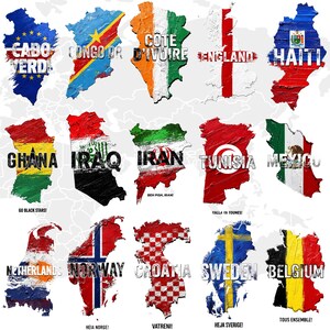 以下が含まれることがあります： カーボベルデ、コンゴ民主共和国、コートジボワール、イングランド、ハイチ、ガーナ、イラク、イラン、チュニジア、メキシコ、オランダ、ノルウェー、クロアチア、スウェーデン、ベルギーなど、さまざまな国の地図が描かれたコレクション。各地図には国の名前が記載されています。