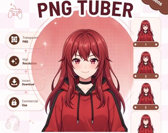 PNGTuberモデルEmber、既製PNGTuber、アニメPNGTuber、女性PNGTuber、赤毛Vtuberモデル、エッジーストリーマーPNG、デジタルダウンロード