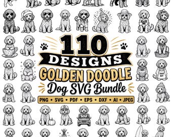 ゴールデンドゥードルSVGバンドル110デザイン、ゴールデンドゥードルPNG、かわいい子犬のクリップアート、犬好きシャツDXF Ai、Cricutデジタルダウンロード