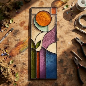 May include: A rectangular stained glass panel featuring a circular orange sun above a stylized green leaf, with vertical sections of purple, blue, and orange glass. The piece is constructed with dark metal lead lines separating the textured glass segments.