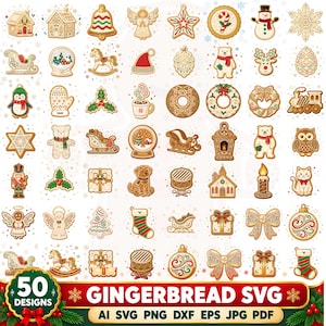 May include: A collection of 50 gingerbread-style Christmas icons including houses, bells, stars, snowmen, animals, and holiday symbols. The graphic features brown cookie-textured designs with white, red, and green icing details on a white background.