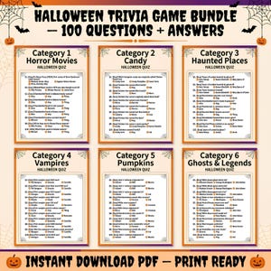 Puede incluir: Un paquete de juegos de trivia de Halloween con 100 preguntas y respuestas en seis categorías: películas de terror, dulces, lugares embrujados, vampiros, calabazas y fantasmas y leyendas. El PDF imprimible incluye gráficos de telarañas.