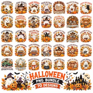 May include: A digital collection of 70 Halloween-themed graphic designs featuring ghosts, pumpkins, sunflowers, black cats, and skeletons. Each illustration includes seasonal text like Witching Hour, Spooky Season Vibes, and Sweater Weather.