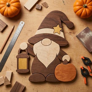 Pode incluir: Um puzzle de madeira em forma de gnomo com um chapéu castanho escuro com uma estrela amarela, uma barba clara, uma lanterna numa mão e uma abóbora na outra. O gnomo é feito de vários tons de madeira sobre uma bancada de trabalho.