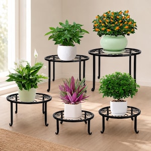 Round Metal Plant Stand Set, Indoor Outdoor Flower Pot Risers, Decorative Garden Plant Holder, Patio Porch Planter Display Rack Set of 5