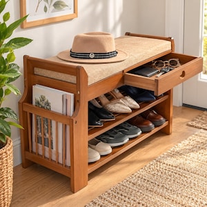 May include: A wooden shoe storage bench with a beige upholstered seat, a side magazine rack, and a pull-out drawer. The bench holds a tan fedora hat on top, while the shelves below contain various pairs of shoes and the drawer holds sunglasses.