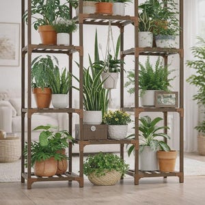 Large Wooden Plant Stand Indoor Outdoor Tall Multi Tier Plant Shelf for Multiple Pots Hanging Flower Rack for Living Room.