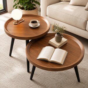 Nesting Coffee Table Set of 2, Round Wood Accent Side Tables, Modern Living Room Tables, Space Saving Apartment Furniture