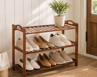 3 Tier Bamboo Shoe Rack, Wooden Entryway Shoe Organizer, Storage Shelf for Closet, Bedroom, Front Door and Small Spaces