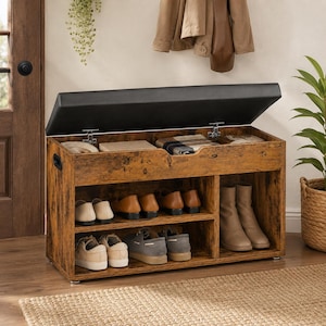 Rustic Shoe Storage Bench with Cushioned Seat, Entryway Organizer with Hidden Compartment, Shelves and Side Handles