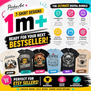 Peut inclure: Un ensemble numérique de plus d'un million de designs de t-shirts avec divers thèmes graphiques, notamment outdoor, fitness, animaux, enseignant, motard et café. L'image contient des textes comme 1m+ T-Shirt Designs, The Ultimate Digital Bundle et PerleaArt.