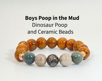 Boys Poop in the Mud Bracelet | Dinosaur Poop Bracelet | Coprolite Fossil Bracelet | Dinosaur Gift for Boys | Ceramic Bead Bracelet