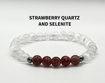 Strawberry Quartz & Selenite Crystal Bracelet | Love, Clarity and Energy Cleansing | Healing Crystals | Spiritual jewelry | Meditation Tool