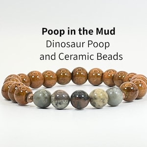 May include: A stretch bracelet featuring a mix of round brown, gray, and mottled beads. The text above the bracelet reads: Poop in the Mud, Dinosaur Poop and Ceramic Beads. The beads have a smooth, polished finish and are arranged in a circular pattern.