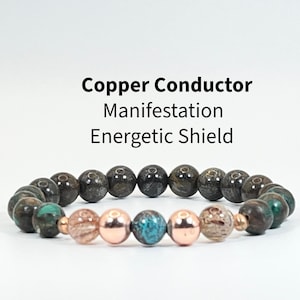 May include: A beaded bracelet featuring dark brown, mottled, and turquoise-colored stone beads interspersed with metallic copper-toned spheres. The text Copper Conductor, Manifestation, Energetic Shield is displayed above the bracelet.